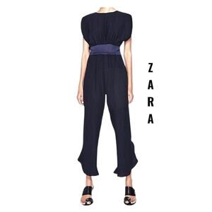 ZARA Jumpsuit SZ S Navy Blue Sleeveless Frilled Leg Sash Waist Ankle Length